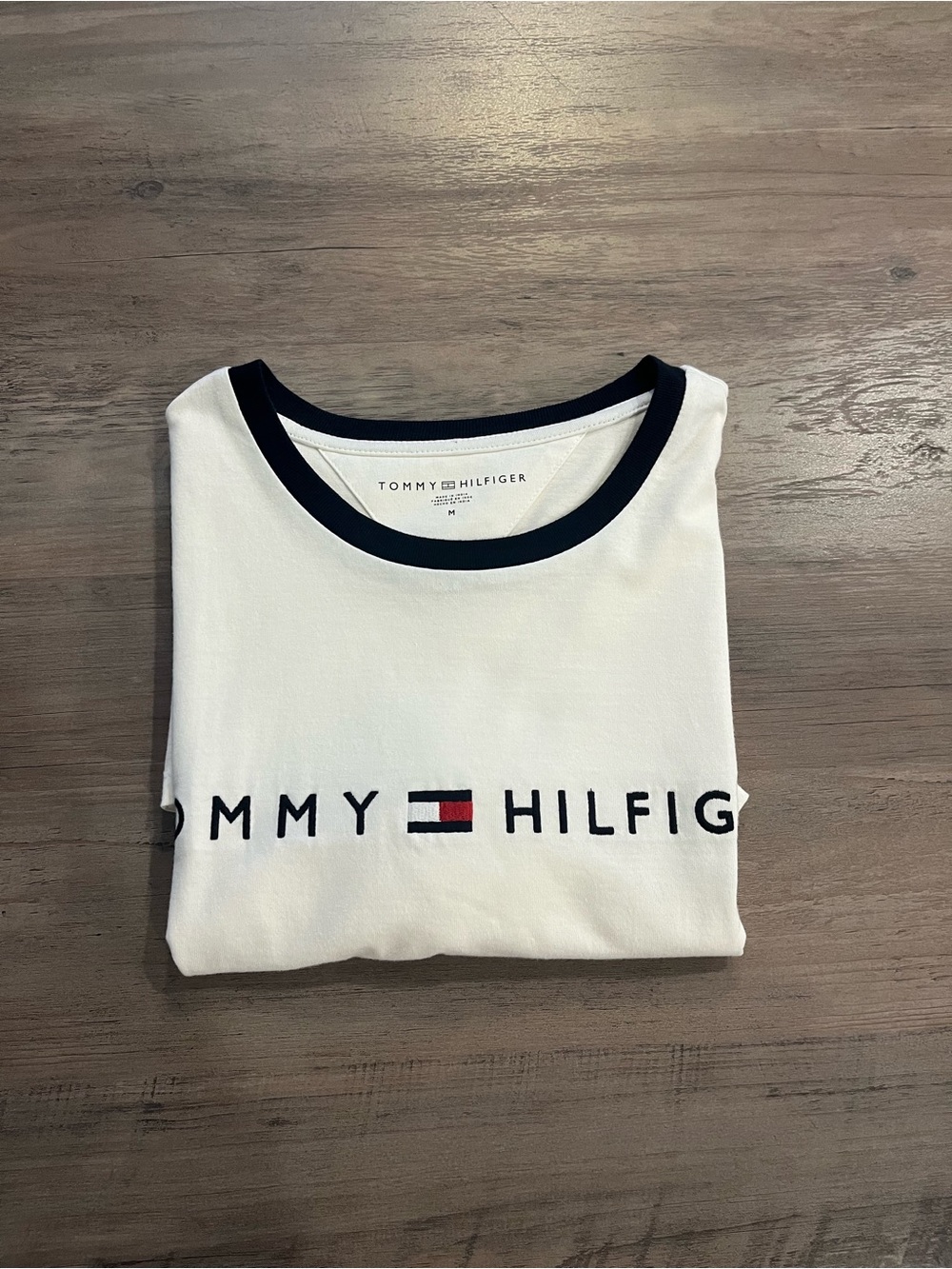 Tommy Hilfiger White Tee with Navy Trim and Flag Logo